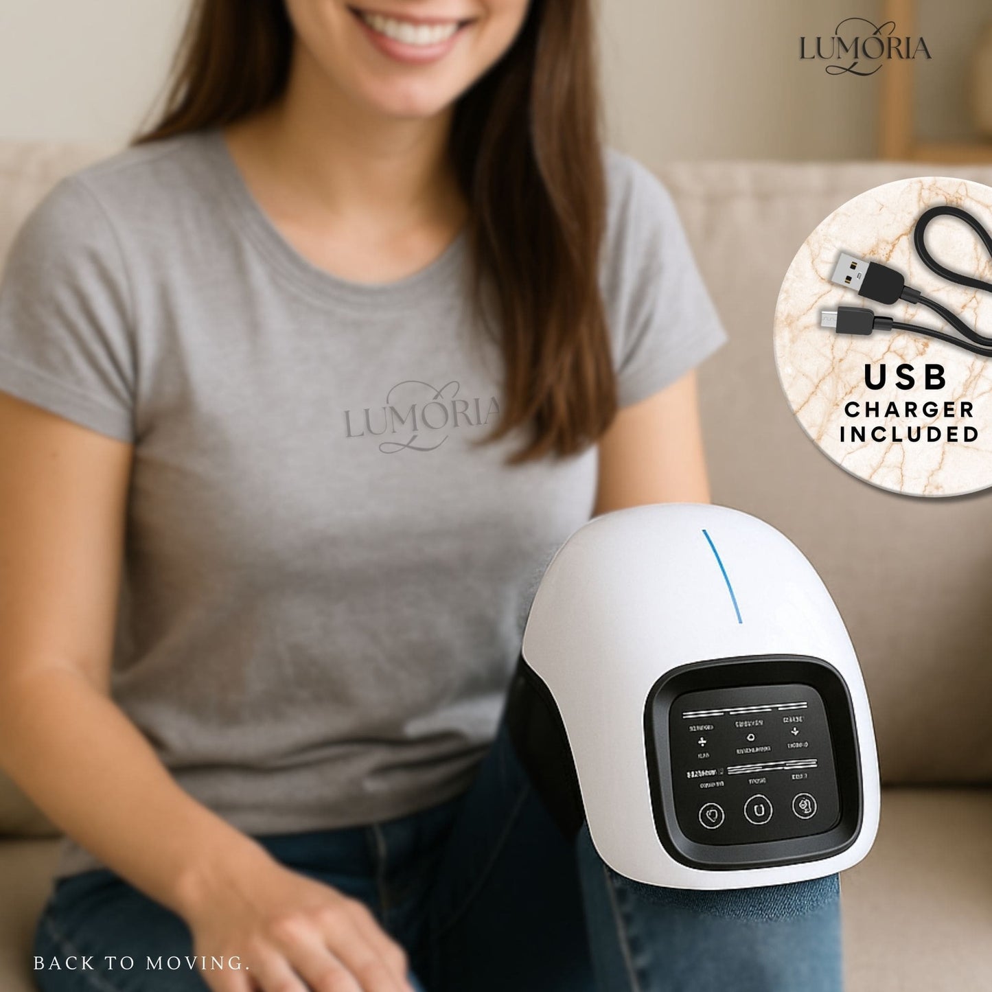 Woman wearing a Kynova knee massager while seated comfortably at home, showcasing a cordless knee comfort device designed for everyday movement support