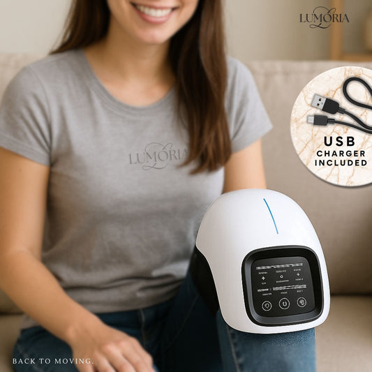 Woman wearing a Kynova knee massager while seated comfortably at home, showcasing a cordless knee comfort device designed for everyday movement support