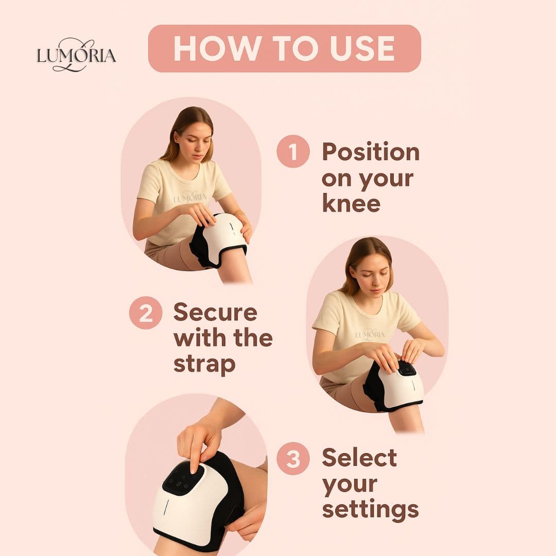 Instructions on how to use a knee device knee massager with Lumoria branding.
