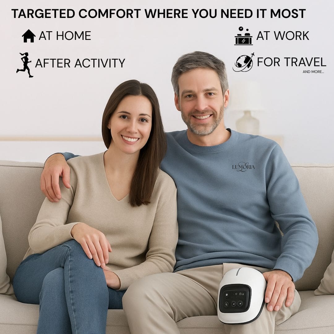 Couple relaxing on sofa using Kynova knee massager by Lumoria, showing targeted knee comfort at home after activity and for everyday use.