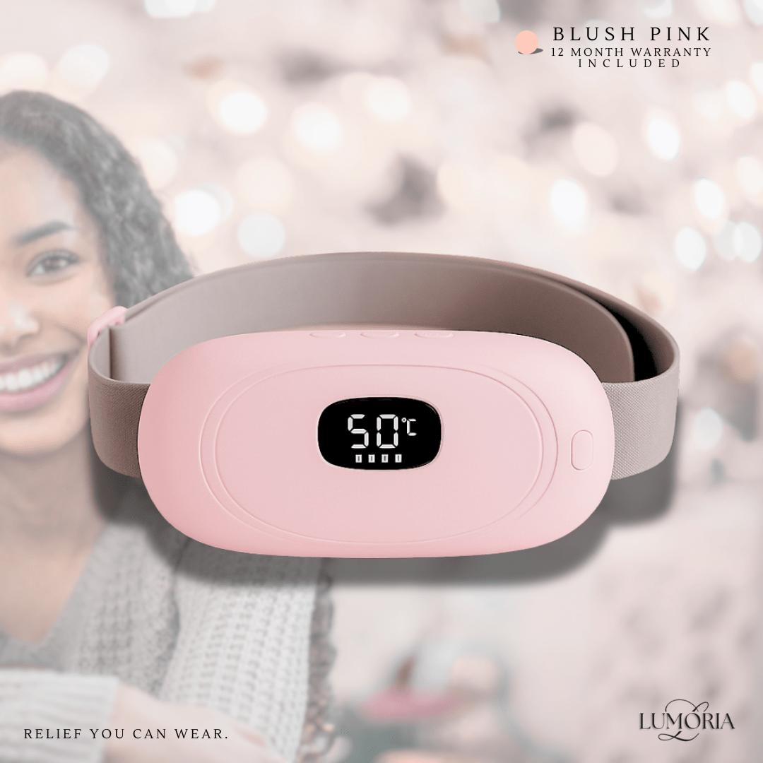 Blush pink wireless menstrual heating pad with digital temperature display - 12 month warranty included, portable period cramp relief device