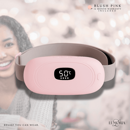 Blush pink wireless menstrual heating pad with digital temperature display - 12 month warranty included, portable period cramp relief device