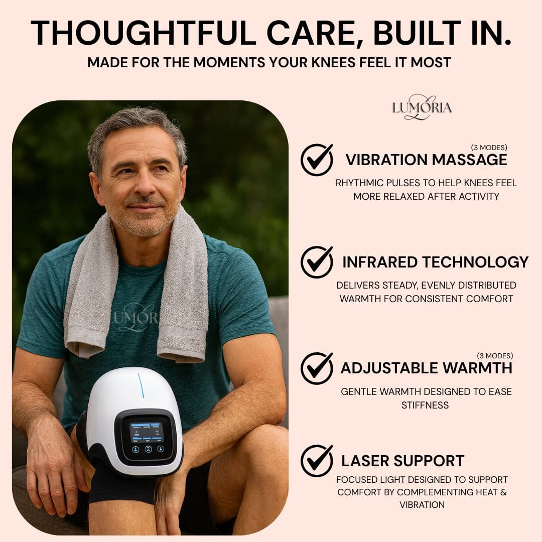 Lumoria Kynova knee massager worn after activity, featuring vibration massage, adjustable warmth, infrared technology, and laser support in a premium wellness design
