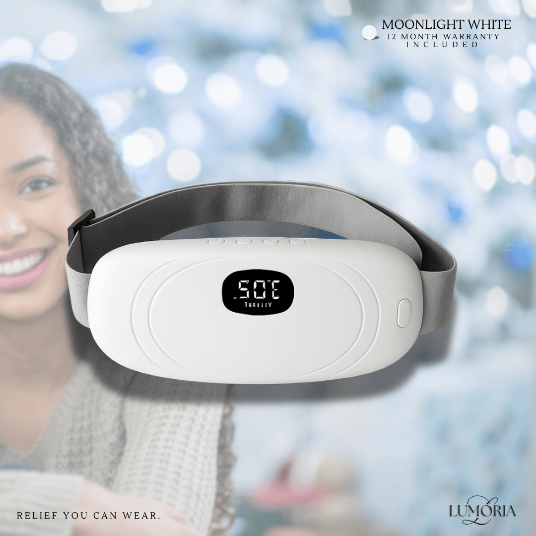 "moonlight white colour , wireless menstrual heating pad with digital temperature display - 12 month warranty included, portable period cramp relief device